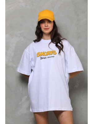 MiraLive Bisiklet Yaka Baskılı Oversize T-Shirt - Beyaz -