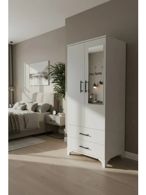 Msy Home Mona Beyaz Minimal Tasarım Aynalı 2 Kapaklı 2 Çekmeceli Gardırop Elbise Dolabı 175X68X41 cm