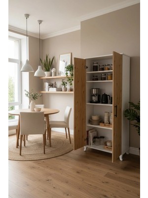 Msy Home Nila Beyaz-Çam 2 Kapaklı Mutfak Banyo Balkon Için Çok Amaçlı Depolama DOLABI175X68X35 cm