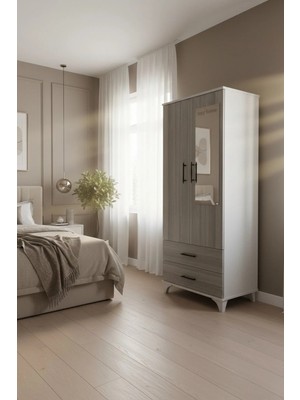 Msy Home Mona Beyaz-Sonomo Minimal Tasarım Aynalı 2 Kapaklı 2 Çekmeceli Gardırop Elbise Dolabı 175X68X41 cm