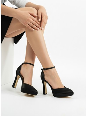 Sanbara Siyah Saten Bilek Bağlamalı Platform Kalın Topuk Stiletto Abiye Ayakkabı 11.5cm