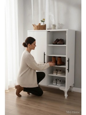 Msy Home Lora Beyaz Minimal Tasarım 2 Kapaklı Ayakkabılık 104X69X33 cm