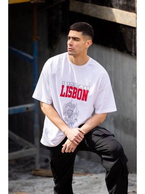 MiraLive Bisiklet Yaka Baskılı Oversize T-Shirt - Beyaz -