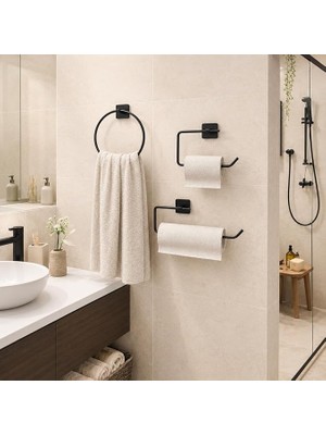Banyo 3’lü Siyah Banyo Seti, Yapışkanlı ve Vidalı Montajlı Havluluk, Tuvalet Kağıtlığı, Yuvarlak Havluluk ve Kağıt Havluluk Seti