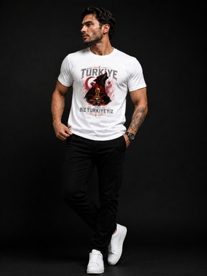 Enb1r Moda Türkiye Taraftar Tişörtü Unisex Ay Yıldız Bozkurt Baskı Detaylı Bej Premium T-Shirt