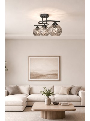 Fer Avize Fuji Modern Kabartma Camlı Dekoratif 3'lü Avize Salon Yatak Odası Mutfak Koridor