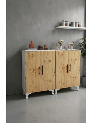 Msy Home Niva Beyaz-Çam 2 Kapaklı Mutfak Banyo Balkon Için Çok Amaçlı Depolama Dolabı 138X69X33 cm