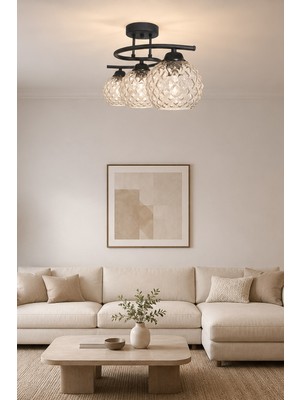 Fer Avize Fuji Modern Kabartma Camlı Dekoratif 3'lü Avize Salon Yatak Odası Mutfak Koridor