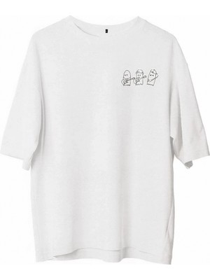 MiraLive Bisiklet Yaka Baskılı Oversize T-Shirt - Beyaz -