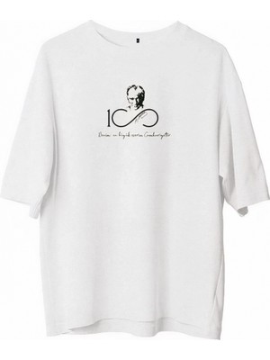 MiraLive Bisiklet Yaka Baskılı Oversize T-Shirt - Beyaz -