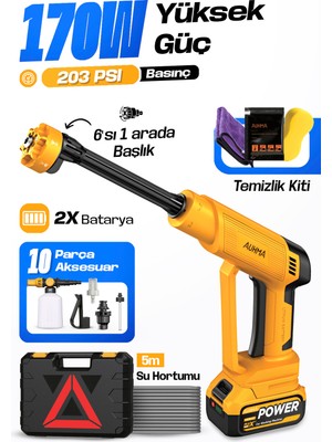 Auhma Acr-10 Şarjlı Araç Yıkama Makinesi Sarı 203 Psı 170W Basınçlı Oto Yıkama Seti | 3820 Fırçasız Motor, Çantalı, 2 Bataryalı, Köpük Hazneli, 5 Metre Hortumlu