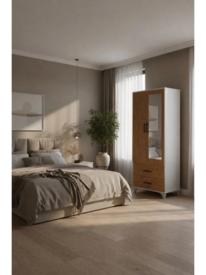 Msy Home Mona Beyaz-Çam Minimal Tasarım Aynalı 2 Kapaklı 2 Çekmeceli Gardırop Elbise Dolabı 175X68X41 cm