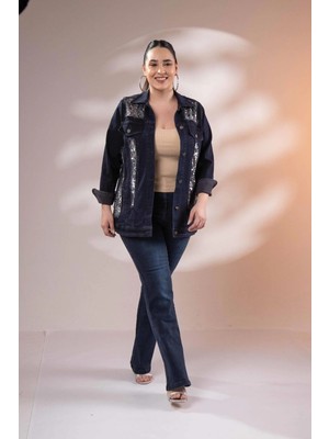 Roxxlen 122166 Pul Payetli Denim Ceket Lacivert