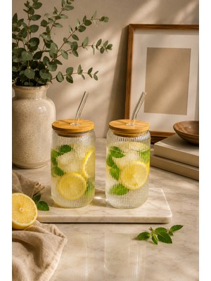 Yzhome 2 Li Cam Bambu Kapaklı Meşrubat Kahve Kokteyl Bardağı Bardak Kupa 550ML Pipetli
