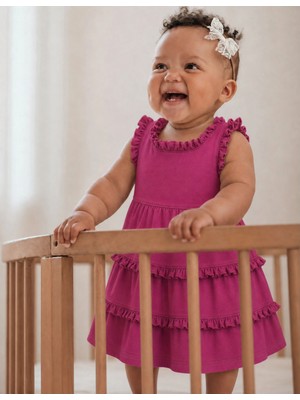 Organickid Denim Bebek Fuşya Fırfırlı Elbise