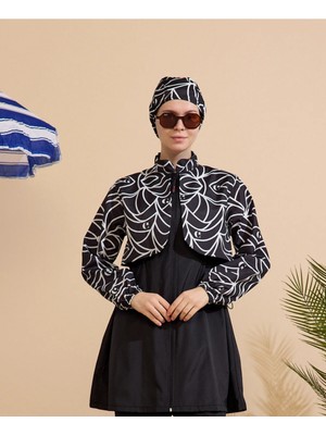 Gavlia Kadın Tesettür Mayo 4'lü Set Tam Kapama Fermuarlı Siyah Paraşüt Kumaş Modern Tasarım