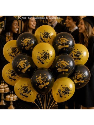Pandoli Mezuniyet Partisi Için Baskılı Lateks Balon Sarı Siyah Renk 50 Adet