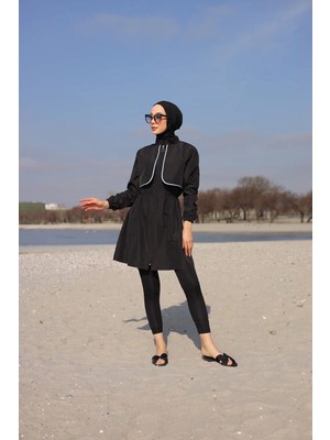 Gavlia Nera Bebek Mavisi Biyeli Fermuarlı Siyah Tesettür Mayo Üstü (Tekli) - Hediye Çantalı