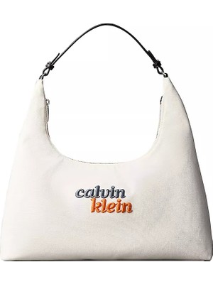 Calvin Klein Kadın Dokuma Kumaş Logo Nakışlı Fermuarlı Beyaz Omuz Çantası LV04F3742G-XSI