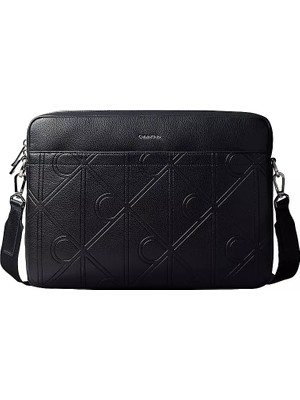 Calvin Klein Erkek Fermuar Kapama Deri Ck Desen Iç Bölme Siyah Omuz Çantası LV04D3526G-UB1