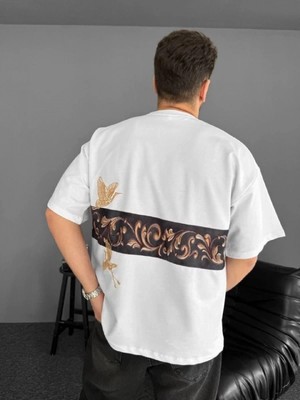 MiraLive Ön ve Arka Baskılı Oversize Bisiklet Yaka T-Shirt - Beyaz -