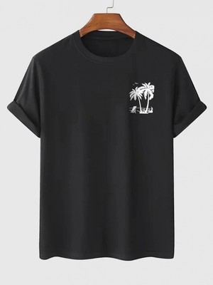 MiraLive 20/1 Penye Compack Palmiye Ön Baskılı Oversize Bisiklet Yaka Kısa Kol Yazlık T-Shirt - Siyah -