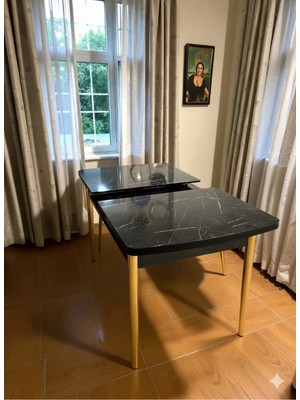 Msy Home Siyah Mermer Gold Ayaklı Mdf 80*130 Kelebek Açılabilr Yemek ve Mutfak Masası