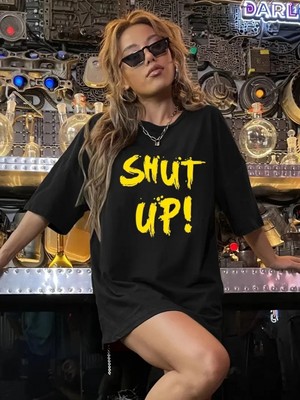 MiraLive 20/1 Penye Compack Shut Up Baskılı Oversize Bisiklet Yaka Kısa Kol T-Shirt - Siyah -
