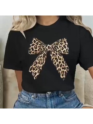 MiraLive Leopar Desenli Fiyonklu Tişört - Siyah -