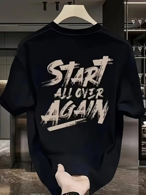 MiraLive 20/1 Penye Compack Start All Over Baskılı Oversize Bisiklet Yaka Kısa Kol T-Shirt - Siyah -