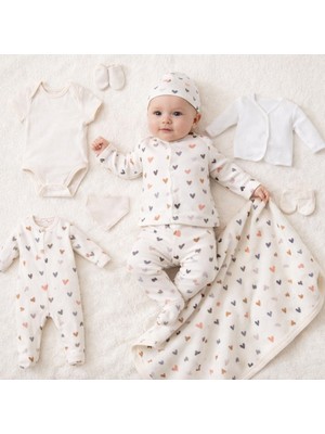 Minik Baby Wear Unisex Kız Bebek Erkek Bebek Kutulu Kalp Desenli Yenidoğan Organik Hastane Çıkışı 10'lu Set