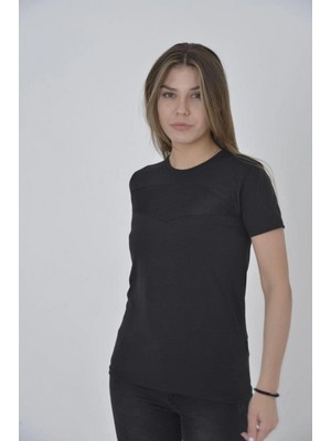 MiraLive Gögüs Fileli Slim Fit T-Shirt - Siyah -