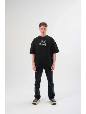 MiraLive Bisiklet Yaka Baskılı Oversize T-Shirt - Siyah -