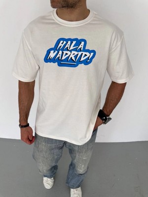 MiraLive Bisiklet Yaka Baskılı Oversize T-Shirt - Beyaz -