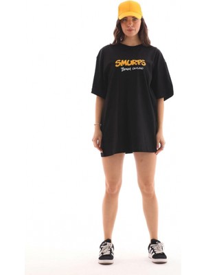 MiraLive Bisiklet Yaka Baskılı Oversize T-Shirt - Siyah -