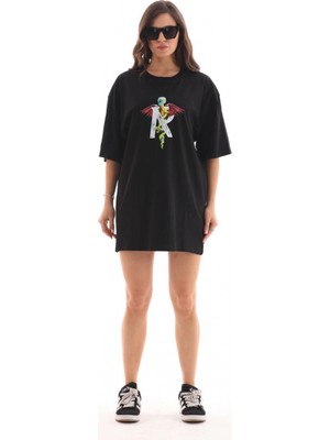 MiraLive Bisiklet Yaka Baskılı Oversize T-Shirt - Siyah -