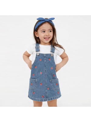 Babyilay Kız Çocuk Çilek Nakışlı Kot Jile Elbise Denim Salopet