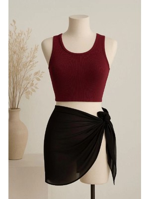 MiraLive Kadın Bordo Yuvarlak Yaka Crop ve Siyah Pareo 2'li Set
