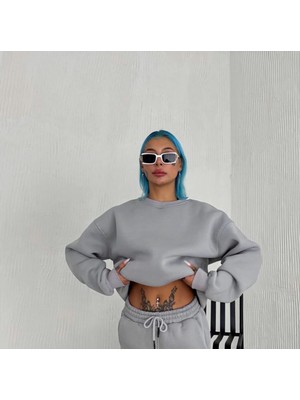 MiraLive Kışlık Bisiklet Yaka Üç Iplik Basic Sweatshirt - Gri -