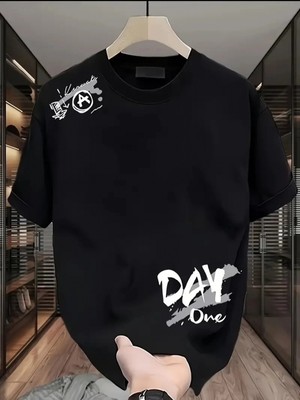MiraLive 20/1 Penye Compack Day One Baskılı Oversize Bisiklet Yaka T-Shirt - Siyah -