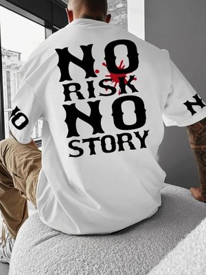 MiraLive No Risk No Story Baskılı Oversize Bisiklet Yaka T-Shirt - Beyaz -