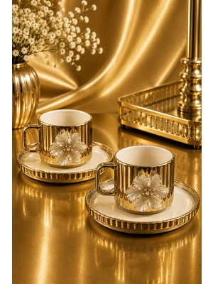 Yzhome 2 Li Porselen Platin Kaplama Lüks Lotus Kahve Fincan Takımı Seti Çizgili Model 100ML