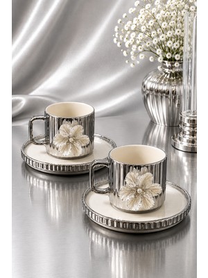 Yzhome 2 Li Porselen Çizgili Model Lüks Lotus Kahve Fincan Takımı Seti 100 ml Gümüş Renk