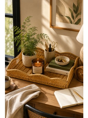 Yzhome Büyük Boy Dikdörtgen Papatya Hasır Tepsi Servis Sunum Tepsisi Organizer Düzenleyici 40*30CM