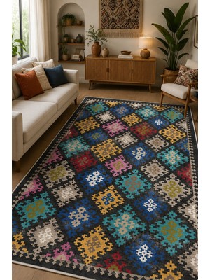 Norella Home Etnik Desenli Kaymaz Taban Yıkanabilir Salon Mutfak Koridor Halısı Renkli Dekoratif Halı