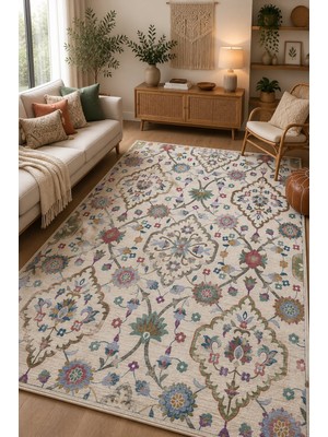 Norella Home Çiçek Desenli Bohem Etnik Kaymaz Taban Yıkanabilir Salon Mutfak Koridor Halısı Dekoratif Halı