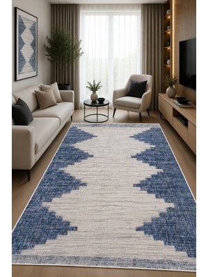 Norella Home Mavi Etnik Desenli Kaymaz Taban Yıkanabilir Salon Mutfak Koridor Halısı Modern Bohem Dekoratif Halı