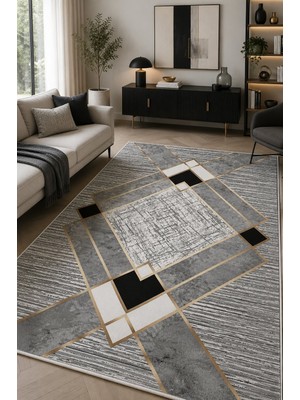 Norella Home Modern Geometrik Desenli Kaymaz Taban Yıkanabilir Salon Mutfak Koridor Halısı Gri Siyah Dekoratif Halı
