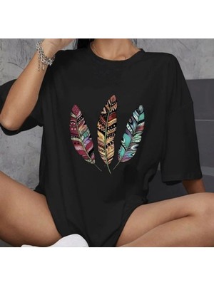 MiraLive Bisiklet Yaka Baskılı Oversize T-Shirt - Siyah -