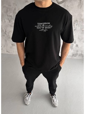 MiraLive Bisiklet Yaka Baskılı Oversize T-Shirt - Siyah -